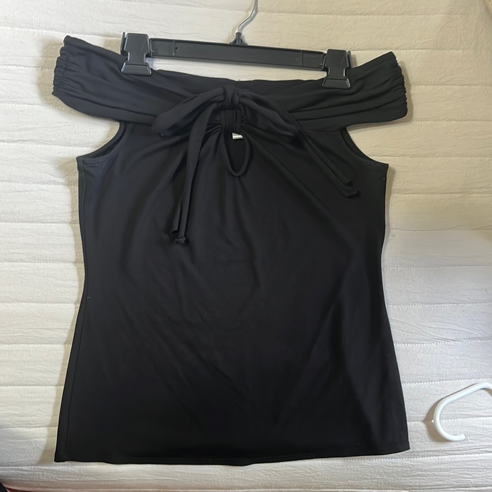 Cache black halter/off shoulder stretchy knit top.